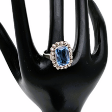 Load image into Gallery viewer, Old Art Deco ring in 835 silver set with an emerald-cut light blue spinel surrounded by 18 marcasites