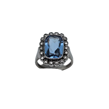 Load image into Gallery viewer, Old Art Deco ring in 835 silver set with an emerald-cut light blue spinel surrounded by 18 marcasites
