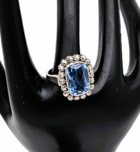Load image into Gallery viewer, Old Art Deco ring in 835 silver set with an emerald-cut light blue spinel surrounded by 18 marcasites