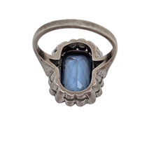 Load image into Gallery viewer, Old Art Deco ring in 835 silver set with an emerald-cut light blue spinel surrounded by 18 marcasites