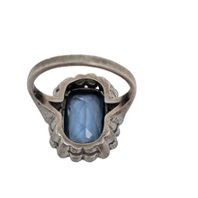 Load image into Gallery viewer, Old Art Deco ring in 835 silver set with an emerald-cut light blue spinel surrounded by 18 marcasites