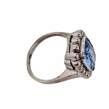 Load image into Gallery viewer, Old Art Deco ring in 835 silver set with an emerald-cut light blue spinel surrounded by 18 marcasites