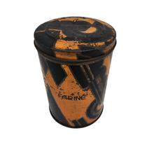 Load image into Gallery viewer, Boîte à farine Art déco en fer blanc à motifs noirs, oranges et dorés, années 1920-1930