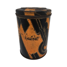 Load image into Gallery viewer, Boîte à farine Art déco en fer blanc à motifs noirs, oranges et dorés, années 1920-1930