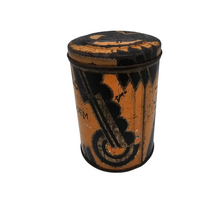 Load image into Gallery viewer, Boîte à farine Art déco en fer blanc à motifs noirs, oranges et dorés, années 1920-1930