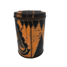 Load image into Gallery viewer, Boîte à farine Art déco en fer blanc à motifs noirs, oranges et dorés, années 1920-1930