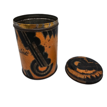 Load image into Gallery viewer, Boîte à farine Art déco en fer blanc à motifs noirs, oranges et dorés, années 1920-1930