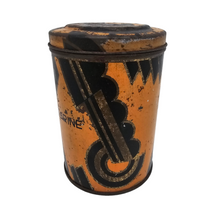 Load image into Gallery viewer, Boîte à farine Art déco en fer blanc à motifs noirs, oranges et dorés, années 1920-1930