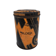 Load image into Gallery viewer, Boîte à farine Art déco en fer blanc à motifs noirs, oranges et dorés, années 1920-1930