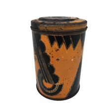 Load image into Gallery viewer, Boîte à farine Art déco en fer blanc à motifs noirs, oranges et dorés, années 1920-1930
