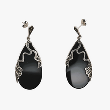 Afbeelding in Gallery-weergave laden, Art Deco druppelvormige oorbellen in 925 zilver, zwarte onyx en marcasieten, jaren 20-30