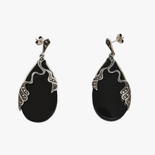 Afbeelding in Gallery-weergave laden, Art Deco druppelvormige oorbellen in 925 zilver, zwarte onyx en marcasieten, jaren 20-30