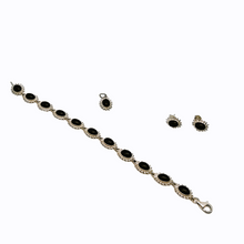 Afbeelding in Gallery-weergave laden, Vintage 925 zilveren oorbellen, armband en hanger bezet met ovale zwarte onyx cabochons