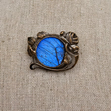 Load image into Gallery viewer, Broche Art nouveau à la rose en laiton doré et aile de Morpho sous verre, vers 1900-1915 Le Charme des Violettes - Brocante en ligne