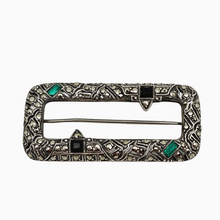 Afbeelding in Gallery-weergave laden, Oude Art Deco broche in 935 zilver bezet met zwarte en groene toermalijnen en marcasieten
