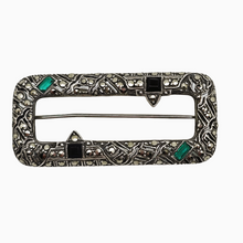 Afbeelding in Gallery-weergave laden, Oude Art Deco broche in 935 zilver bezet met zwarte en groene toermalijnen en marcasieten
