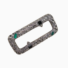 Afbeelding in Gallery-weergave laden, Oude Art Deco broche in 935 zilver bezet met zwarte en groene toermalijnen en marcasieten
