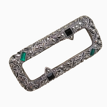 Afbeelding in Gallery-weergave laden, Oude Art Deco broche in 935 zilver bezet met zwarte en groene toermalijnen en marcasieten