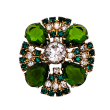 Afbeelding in Gallery-weergave laden, Broche vintage en métal doré et cabochons verts émeraude en verre taillé, style "statement jewelry", années 1965