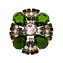 Afbeelding in Gallery-weergave laden, Broche vintage en métal doré et cabochons verts émeraude en verre taillé, style "statement jewelry", années 1965