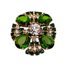 Afbeelding in Gallery-weergave laden, Broche vintage en métal doré et cabochons verts émeraude en verre taillé, style "statement jewelry", années 1965