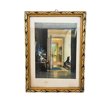 Charger l'image dans la galerie, Chromo ancien encadré, intérieur au petit chien noir, années 1940-1950
