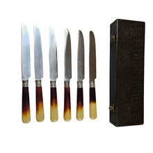 Load image into Gallery viewer, Set of 6 Art Deco knives in silver metal, stainless steel and bovine horn