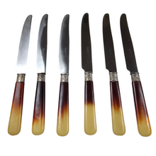 Load image into Gallery viewer, Set of 6 Art Deco knives in silver metal, stainless steel and bovine horn