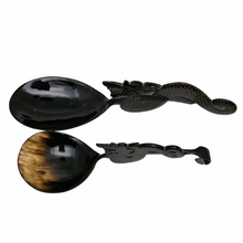 Load image into Gallery viewer, Pair of old rice spoons with dragon head and tail in horn and lacquer, Asia