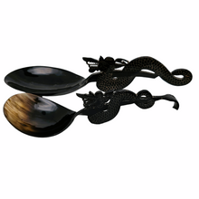 Load image into Gallery viewer, Pair of old rice spoons with dragon head and tail in horn and lacquer, Asia