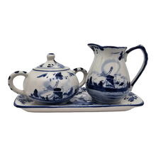Load image into Gallery viewer, Delft. Milk jug and sugar bowl set on earthenware tray decorated with mills
