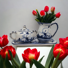Load image into Gallery viewer, Delft. Milk jug and sugar bowl set on earthenware tray decorated with mills