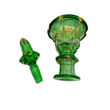 Load image into Gallery viewer, Flacon Belle Epoque en verre vert peint à la main, rehauts dorés, fin XIXe / début XXe Le Charme des Violettes - Brocante en ligne