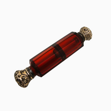 Load image into Gallery viewer, Victorian double perfume bottle in ruby red cut crystal and chiseled silver-gilt, 1880-1890