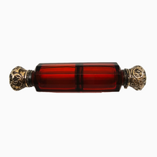 Load image into Gallery viewer, Victorian double perfume bottle in ruby red cut crystal and chiseled silver-gilt, 1880-1890