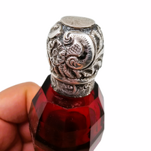 Load image into Gallery viewer, Victorian double perfume and salt bottle in ruby red cut crystal and chased silver, 1880-1890
