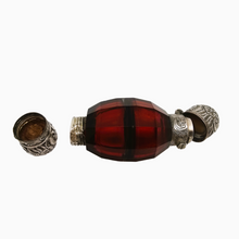 Load image into Gallery viewer, Victorian double perfume and salt bottle in ruby red cut crystal and chased silver, 1880-1890