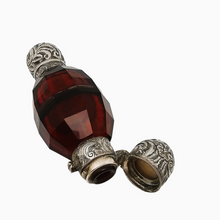 Load image into Gallery viewer, Victorian double perfume and salt bottle in ruby red cut crystal and chased silver, 1880-1890