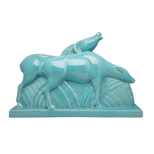 Load image into Gallery viewer, Lemanceau Charles, couple d'antilopes Art déco en céramique turquoise, XXè