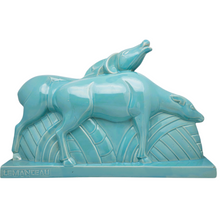 Load image into Gallery viewer, Lemanceau Charles, couple d'antilopes Art déco en céramique turquoise, XXè