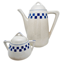 Load image into Gallery viewer, Lunéville, Cafetière et sucrier en faïence Art déco à damier bleu et blanc, années 1920
