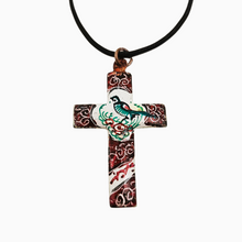 Load image into Gallery viewer, Pendentif en croix en cuivre émaillé à décor d’oiseau, vers 1960 Le Charme des Violettes - Brocante en ligne