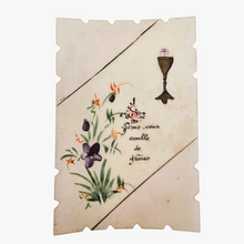Load image into Gallery viewer, Souvenirs de communion, lot de 3 cartes en celluloïd festonné peintes à la main, années 1900