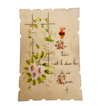 Load image into Gallery viewer, Souvenirs de communion, lot de 3 cartes en celluloïd festonné peintes à la main, années 1900