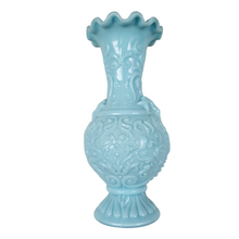 Load image into Gallery viewer, Portieux Vallerysthal 19th century. Turquoise opaline glass vase with ram heads and arabesques