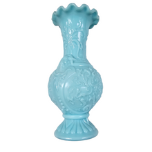 Load image into Gallery viewer, Portieux Vallerysthal 19th century. Turquoise opaline glass vase with ram heads and arabesques