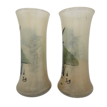 Load image into Gallery viewer, JEM (école Legras), paire de vases Art nouveau en verre émaillée Canards en vol, 1920-1940