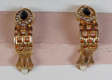 Charger l'image dans la galerie, Boucles d'oreilles clips vintage dorées, strass et pierre noire Le charme des violettes - Brocante en ligne