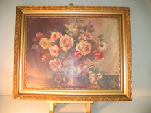Load image into Gallery viewer, Huile sur panneau signée : Bouquet de roses romantiques Le charme des violettes - Brocante en ligne
