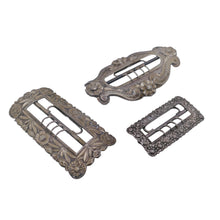Load image into Gallery viewer, Set of 3 silver metal belt buckles, late 19th century, early 20th century